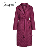 Simplee Fashion female winter windproof jacket Casual sashes women winter parka Long straight coat with rhombus pattern