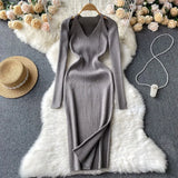 Female Sexy Party Knitted Dress Long Sleeve V Neck Slim Midi Long Dress 2022 Winter Fashion Solid Split Sweater