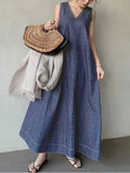 Dress Women 2023 New In Elegance Denim Vintage Casual Blue Clothes Korean Fashion LOOSE Ankle-Length Sleeveless