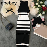 summer women's hanging neck knit long dress round neck stripes hit color waist slim slim ming knit long dress office