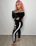 Winter Sexy Black Velvet Off Shoulder Zipper Bodysuit and Match Pants Two Piece