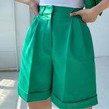 High Waisted Wide Leg Shorts Women Pocket Pleated 2022 Summer Casual Shorts Solid Straight Ladies Green Wide