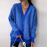 V-neck Lantern Long Sleeve Cardigan Women Knitted Printed Oversized Sweater 2022 Fall New Single-breasted