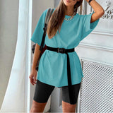 Two-piece Set With Belt Solid Color