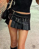 Black Pleated Belted Slit Micro Mini Skirt-Outfit