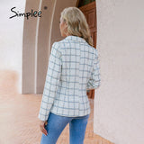 Simplee Office za plaid pocket women blazer jacket autumn Elegant long sleeve white suit blazer Causal female fashion top