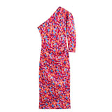 Summer Women's Dress French Retro Print Oblique Shoulder Design Body-Body-Suited And Hip Dress Skirt Fashion