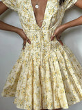 Women's Summer New Fashion First Love Broken Flower Bubble Sleeve V-Collar Self-Cultivation French Vintage Dress-Outfit