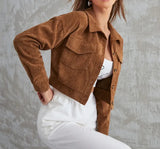 Women's Corduroy Flip Pocket Button Short Casual Jacket