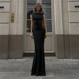 Black Mesh Spliced Design Short Sleeve Maxi Dress-Outfit