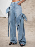 Toloer 2024 New Wash Do Old Splicing Bow Wide Leg Pants Design Sense High Waist Show Skinny Jeans Woman-Outfit