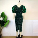 Sexy V-Neck Pile Sleeve Dress High-Waist V-Back Party Slit Dress Dresses