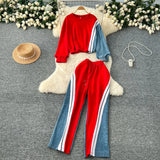 Denim Set Female Retro Casual Color Long-Sleeved Sweater Denim Spliced Broad Leg Pants Two