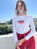 Women's Y2K Vintage Retro Long Sleeve Cherry/Cake Print Crew Neck Spring Fall Slim Fit Tops Aesthetic Grunge T-Shirts-Outfit