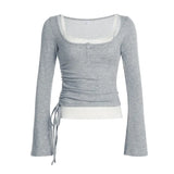 Solid Color Patchwork Stitching Side Long Sleeve Tee-Outfit