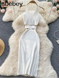 Women 2022 White Pencil Dress Tank Sleeve V Neck Bodycon Sexy Vestidos Kpop Vintage Elastic Knitted Female Summer Midi