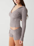 Women's Vintage Knit 2Pieces Set Long Sleeve Hooded V-Neck Pullovers Sweater+ Low Waist Shorts Aesthetic Outfits Suit-Outfit