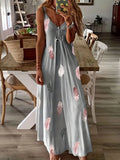 Toloer And Summer New Sleeveless Slim Feather Print Low Breast V Collar Sling Large Hem Skirt Women's Dress-Outfit