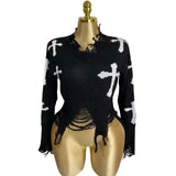 Hole Tuxed Sweater Dark Long Sleeve Loose Knitted