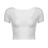 New Summer Style Short Color V-Neck Lace Splicing Bowknot Slim Fashion Short-Sleeved T-Shirt-Outfit