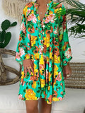 Bohemian Women Dresses Summer Long Sleeve Button Loose Mini Dress Big Swing Boho Dress Printed Vestido 425-1-Outfit
