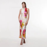 Women's Sexy Elegant Holiday Style Print Hanging Neck Tie Long Open