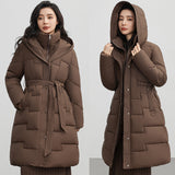 Over The Knee Cotton Clothes In The Long Winter New Fashion Waist Belt Show Thin Warm Coat Temperament Solid Color Cold Clothing-Outfit