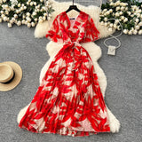 Summer Dress New Female High-End Feel Strapped Belt V Collar Horn Sleeves Thin Temperament Print Chiffon
