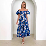 Summer New Temperament Elegant Print Shoulder Holiday Style Sexy Loose Dress