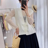 New French Vintage V Neckline Knitted Vest Cardigan With Chinese Style And Fashion Sleeveless Sweater-Outfit