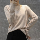 Toloer Style Autumn Winter Woolen Sweater Female V Gets Short Money Inside Build Head Sweater Slim Bottom Sweater-Outfit