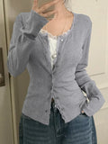 2025 New Simple Solid Color Lace Splicing Casual Buckle Knitted Long-Sleeved T-Shirt