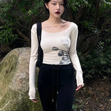Korean Fashion Mesh Tops Grunge Flower Print T-shirt Women Sexy Slim Crop Top Gothic Streetwear Vintage Tshirts