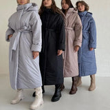 Winter Solid Hooded Parkas Women Fashion Tie Belt Collected Waisted Coats Women Elegant Long Cotton Jackets Female