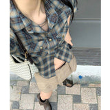 Korean Fashion Shirts Vintage Gradient Plaid Shirt Long Sleeve Lapel Blouse Grunge Kpop Streetwear Chic Designer