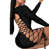 Women Sexy Long Sleeve Backless Hollow out Side Hole Bandage Bodycon Sparkle Sequined Evening Party Mini Pencil Dress-Outfit