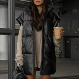 Stand Collar Side Pockets Black Vests Women Fashion Casual PU Coats Women Elegant Straight Simple Vests Female