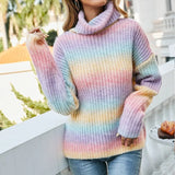 Rainbow Striped Knitwear Sweater Crew Neck Casual Women Pullovers Sweaters Female Long Sleeve Colourful Jumper Top Winter