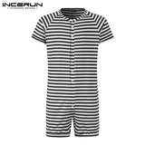 Striped Men Pajamas Playsuit Short Sleeve Button Fitness Homewear Comfortable Shorts Mens Rompers Sleepwear INCERUN S-5XL