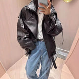 Bubble Leather Locomotive Jacket Loose PU Leather Coat Oversize New High-End Simple Autumn