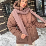 Casual Hooded Parkas Women Fashion Loose Solid Argyle Coats Women Elegant Short Tie Belt Cotton Jackets Female