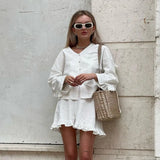 Toloer Women's Summer New Set Beige Long Sleeve Loose Casual Shirt High Waist Shorts Two-Piece Set-Outfit