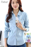 Blue Denim Shirts Women Basic Single-Breasted Vintage Fashion Turn Doen Collar Long Sleeve Tops New Summer
