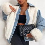 Women Streetwear Plush Denim Jacket Coat Autumn Winter Casual Adults Long Sleeve Lapel Neck Plush Patchwork Jacket Outerwear