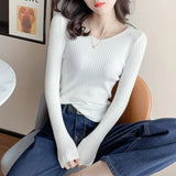 Autumn And Winter New Style Kengtiao Thin Knitted Blouse Woman V-Collar Slim Solid Color Cover Bottom Sweater-Outfit