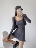 Trend Women's Fungus Edge Cardigan Short Style Long-Sleeved Coat Suspender Body-Stylish Dress Two-Piece Suit-Outfit