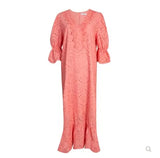 Neck Long Sleeve Pleated Femme Long Dresses lace pink A Line Sexy Vacation Dress Ruffles Vestido
