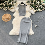 Kong Style Retro Hottie Suit Women's Summer Short Vest Top With High Waist Half Skirt Knit Two