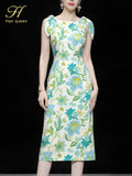 Han Queen Elegant Fashion Print Slim Office Pencil Dress Women's Korean Sheath Pencil Dresses Mid-Calf Party Bodycon Vestidos-Outfit