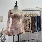 And Summer New French Style Tie Dyed Horn Long-Sleeved Lace Side Design T-Shirt